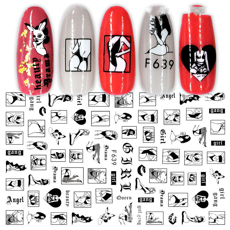 3D Nail Stickers – Black & White Rose Heart Ink Nail Decals